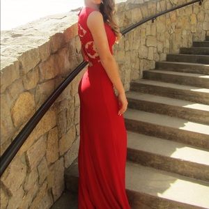 sherri hill red prom dress with lace back